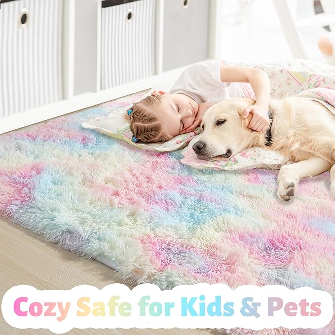 Amdrebio Rainbow Unicorn Colorful Kids Rugs for Girls Bedroom, 8x10 Fluffy Shag Area Rugs for Playroom Classroom, Large Pastel Room Decor Aesthetic, Cute Fuzzy Kawaii Princess Carpet for Baby Toddler