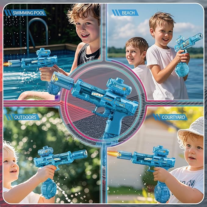 2Pcs Electric Water Gun for Adults Battery Powered Water Gun Electric for Kid with Muzzle Flash Rechargeable Spray Gun Toys Capacity Range Up to 32 FT Beach Toys for Summer Outdoor Pool - Blue Black