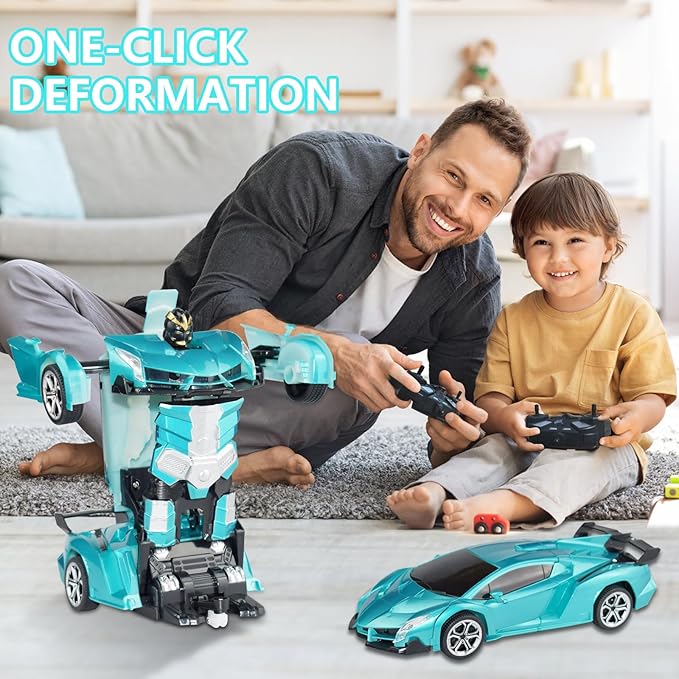 Remote Control Transform Car for Kids,Deformation Car for Boys & Girls 4 5 6 7 8 , 2.4Ghz 1:18 RC Transform Robot Toys for Kids, One Button Deformation to Robot with Flashing Light (Sapphire Blue)