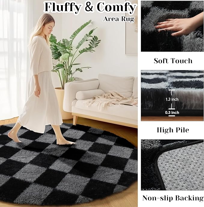 KICMOR Round Rug 4ft for Bedroom, Soft Fluffy Circle Area Rug Cute Fuzzy Shag Shaggy Small Living Room Carpet, Black and Grey Plush Checkered Circular Rug for Kids Room Nursery Home Decor Aesthetic