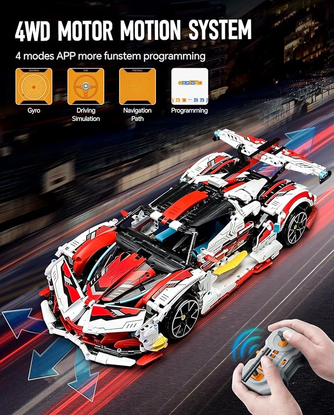 BAV 1:10 Race Car MOC Building Kit and Engineering Toy, Adult Collectible Sports Technology Model, Remote Control Scale for Adults Men Teens (2277 Pcs)