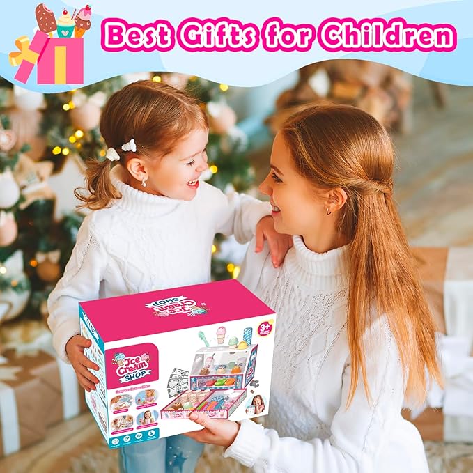 Wooden Ice Cream Toys Kids Toy Food for Toddler Girls 3+, Ice Cream Shop Playset, Pretend Play Kitchen Toys with Display Counter & Fake Money - Wooden Food Toys for 3 4 5 Year Old Girls Boys Birthday