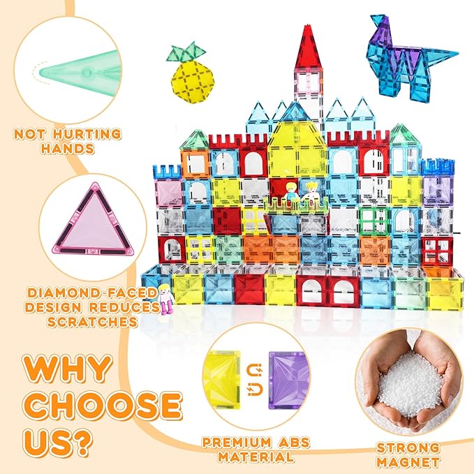 Magnetic Tiles, 130PCS Magnetic Blocks Set with 2 Cars, 4D Diamond Magnet Building Blocks, STEM Preschool Educational Magnet Toys Gift for Kids, Boys and Girls 3 4 5 6 7 8+ Year Old