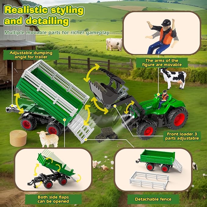 Remote Control Tractor Toys, RC Tractor Toys for Kids 3-5 & 5-7, Farm Animal Toys Set with Front Loader and Light, Farm Vehicle Toy Tractor Toy, Tractors for Kids Ages 4-8 Boys Girls Gift…