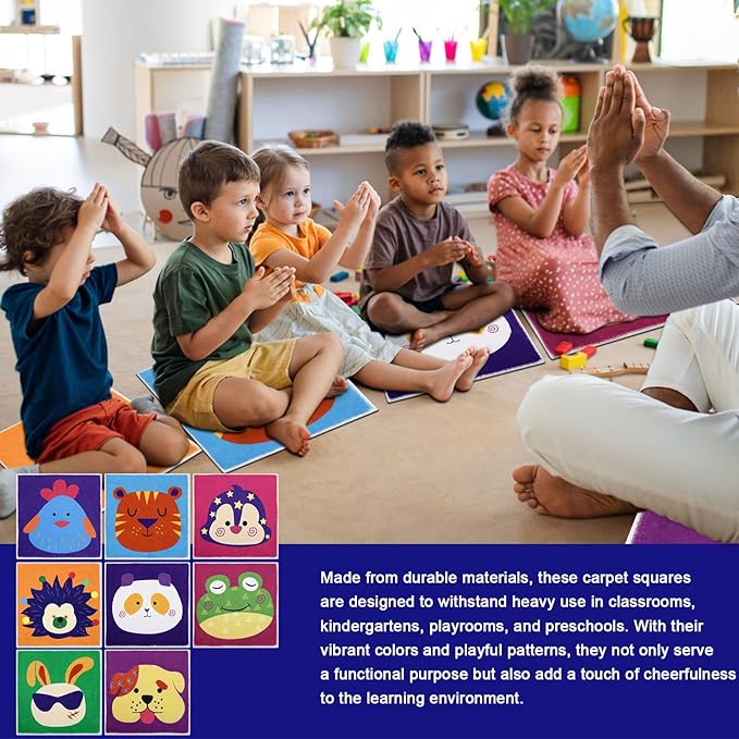 HiiARug Carpet Squares for Classroom Sitting, Kids Rug for Reading, Hopscotch, Playroom, Flexible Floor Seats for Classroom, Preschool, Daycare,Elementary 8 pcs, 18"x18",Multicolor