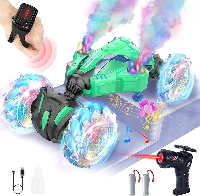 BEZGAR Remote Control Car Toy for Ages 8-13, Large Gesture Sensing RC Stunt Car with Lasertracking, Lights & Music, 4WD All Terrain Crawler with 2 Rechargeable Batteries, Birthday Gifts for Boys