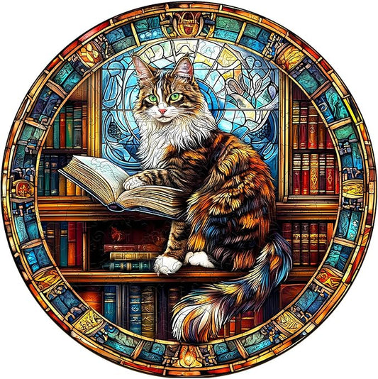 KAAYEE Wooden Puzzles for Adults-3D Visual Effect Maine Cat Library Wooden Jigsaw Puzzles Unique Shape Advanced Wood Puzzle Adults (11.4 * 11.4in 200pcs)