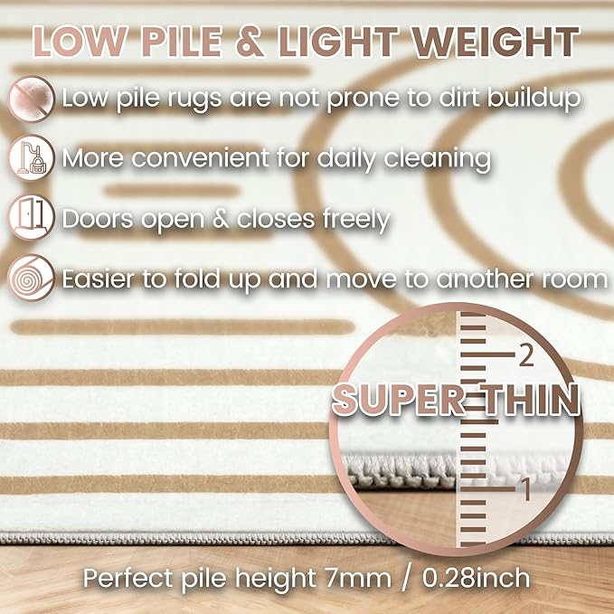 Washable 4x6 Minimalist Area Rug for Living Room, Tan White Modern Artistic Abstract Large Rug, Ultra Thin Low Pile Lightweight Soft Indoor Floor Carpet with Nonslip Backing for Bedroom Kids Play Room
