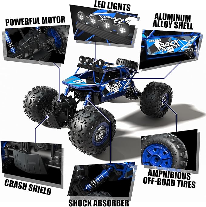 1:10 Amphibious 4WD Large RC Cars, IPX6 Waterproof 30 Km/h Remote Control Car Gifts for Kids 4X4 Off-Road RC Rock Crawler, LED Light, 2.4GHz RC Truck with 2 Batteries 80Mins Play