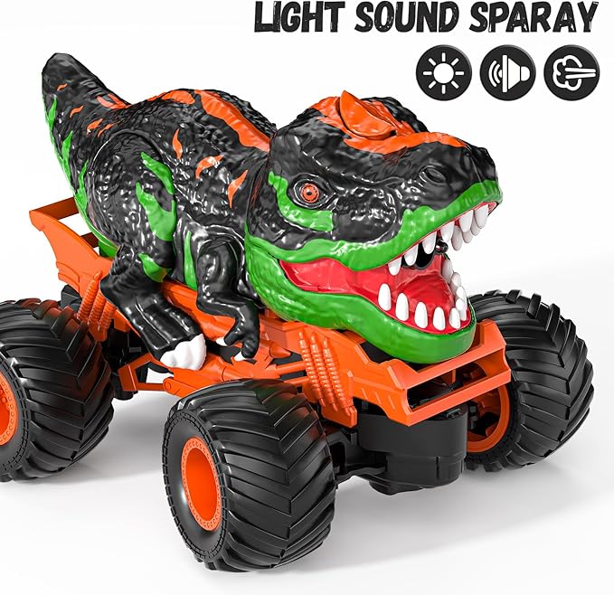 TEMI Remote Control T-rex Truck for Kids 3-5 Years, 1:24 Scale Monster Truck with Roar, Light and Mist Spray, High Speed Off Road Dinosaur Truck with Rechargeable Battery, Gift for Boys 3+