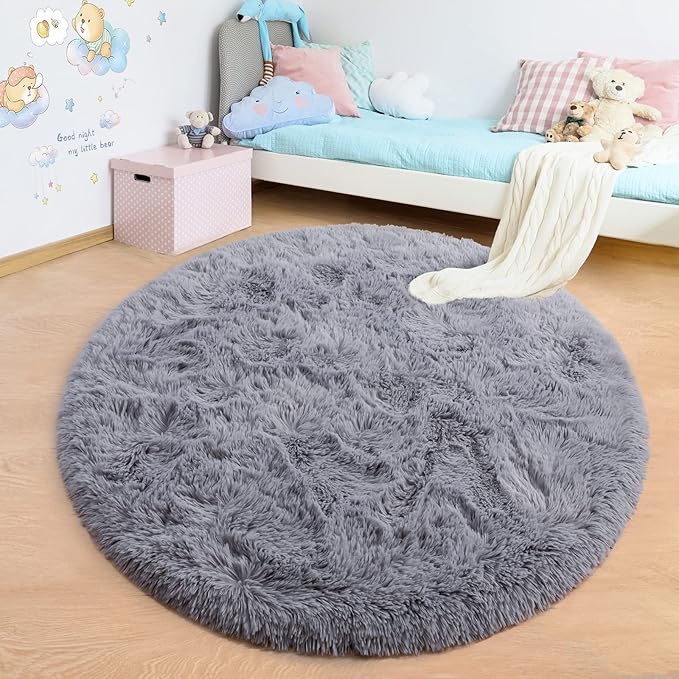 junovo Round Rug 4x4 Feet Fluffy Soft Area Rugs for Kids Girls Room Princess Castle Plush Shaggy Carpet Cute Circle Nursery Rug for Kids Girls Bedroom Baby Room Home Decor Circular Carpet, Grey