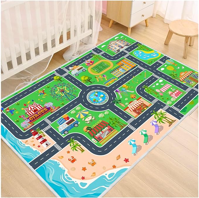 Kids Carpet Playmat Car Rug, Car Rug for Kids Toy Cars and Train, Non Slip Play Mat for Playroom Kids Room, City Life Educational Road Traffic Carpet for Classroom Nursery(Green,71×106in)