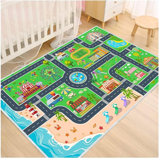 Kids Carpet Playmat Car Rug, Car Rug for Kids Toy Cars and Train, Non Slip Play Mat for Playroom Kids Room, City Life Educational Road Traffic Carpet for Classroom Nursery(Green,71×106in)