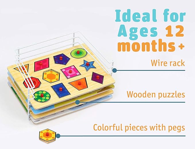 Etna Products Wooden Puzzles Set, Includes 6 Educational Puzzles and Wire Storage Rack - ABC, Numbers, Shapes, Vehicles and Animals - For Kids Age 3 Plus