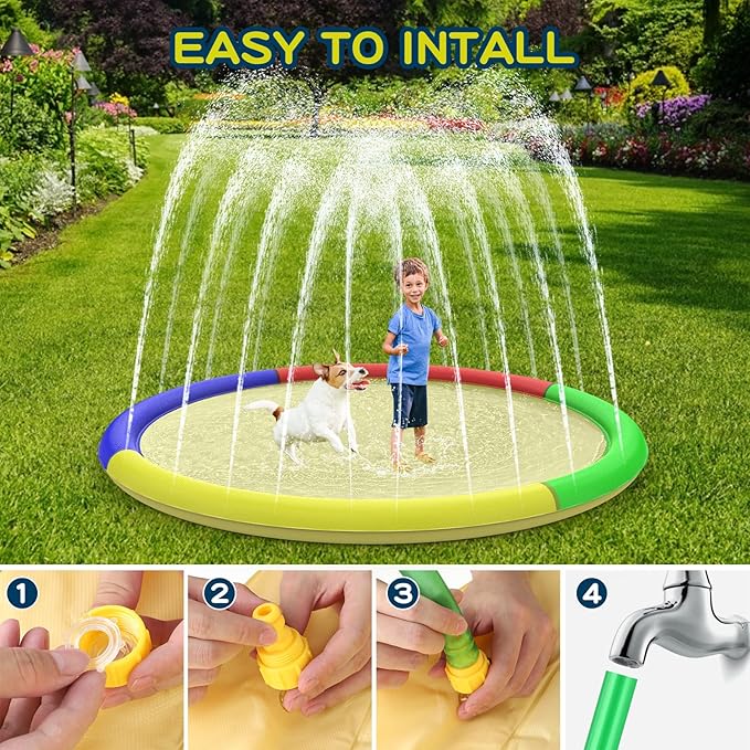 Growsland Non Slip Splash Pad for Kids and Dogs, 87'' Extra Large Splash Pad Outdoor Sprinkler for Kids, Dog Water Summer Toys Outdoor Toys for Toddlers 3-5 Kids Ages 4-8