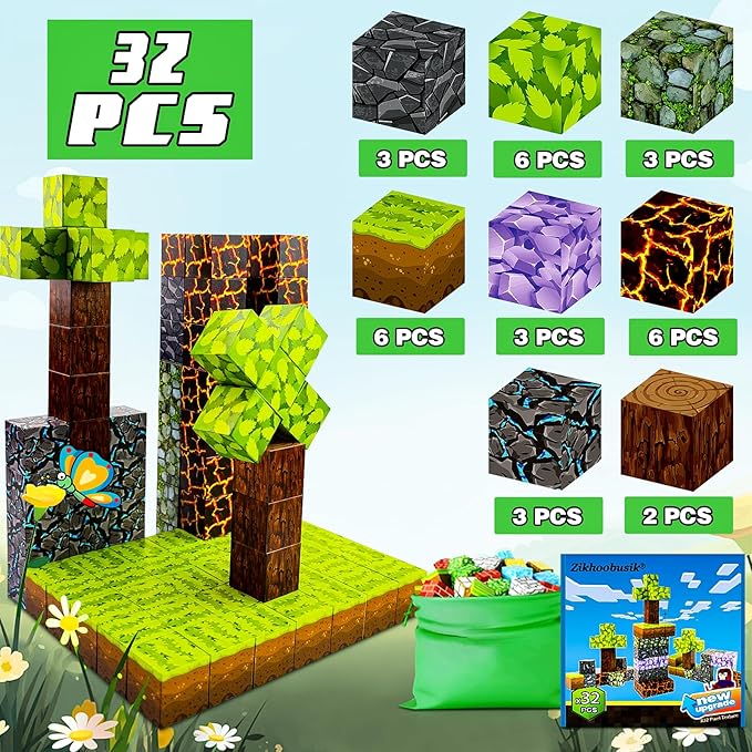 32pcs Magnet Building Blocks Montessori Stacking Toys for Toddlers ，Magnetic Tiles Building STEM Toys for Boys & Girl Kids Toddler Toys for 3+ Years Old