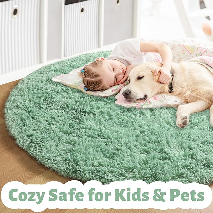 Amdrebio Sage Green Round Rug 4Ft for Bedroom Aesthetic, Fluffy Furry Circle Rugs for Nursery, Classroom, Teen Boys, Baby Kids Room Decor, Cute Shaggy Area Rug for Dorm, Fuzzy Plush Light Mint Carpet