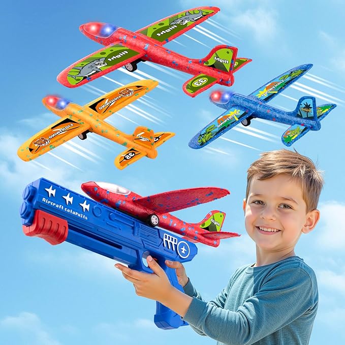 3 Pack LED Airplane Launcher Toys - Foam Glider Catapult Aircraft Plane Toy with Stickers - 2 Flight Mode Outdoor Flying Toys for Age 3 4 5 6 7 8 9 10 11 12 Year Old Kids Boys Girls Birthday Gifts
