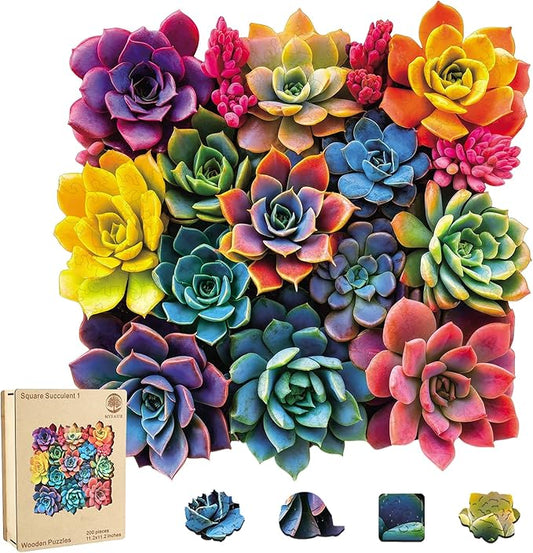 Puzzles for Adults 500 Pieces, Square Succulent Wooden Puzzles, 5MM Thick Unique Shaped Flower Jigsaw Puzzles Birthday Gifts for Kids Family Game 16.5 * 16.5inch
