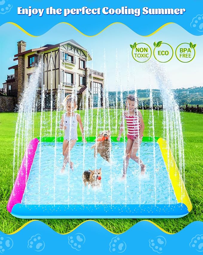 Splash Pad, 97"- 72" Non-Slip Splash Pad for Kids and Dogs, Thickened Durable Square Dog Pool with Sprinkler Summer Outdoor Water Toys for Toddler Girls Boys Children Pet (Colorful)