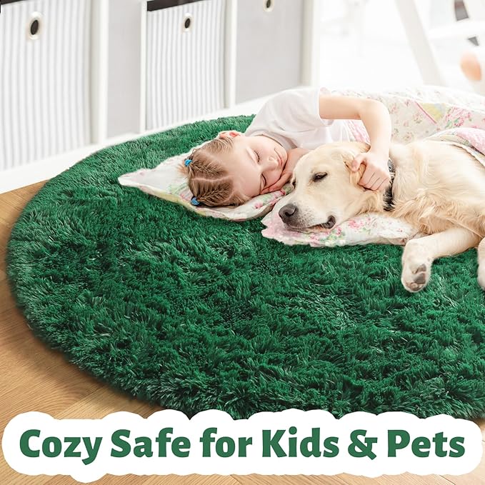 Amdrebio Dark Green Round Rug 4Ft for Bedroom, Fluffy Fuzzy Circle Area Rugs for Living Room Decor, Shaggy Emerald Green Rugs for Kids, Teen Boys, Baby Nursery, Furry Plush Floor Carpet for Classroom