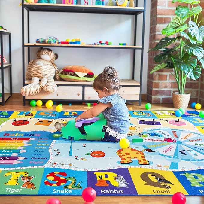 Kids Playroom Rug 4x6 Blue Rugs for Boys Girls Bedroom Child Play Mat Educational and Fun Baby Care Rugs,Learning Rug with ABC Alphabets Animals Shapes No-Slip Carpets for Children Toddler Washable