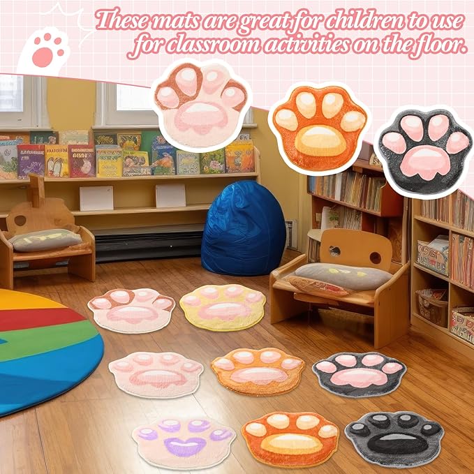 8 Pcs Classroom Carpet Kids Rug 15 x 15 Inch Back to School Supplies Round Non Slip Mat for Nursery Kindergarten Playroom Bedroom(Paw)