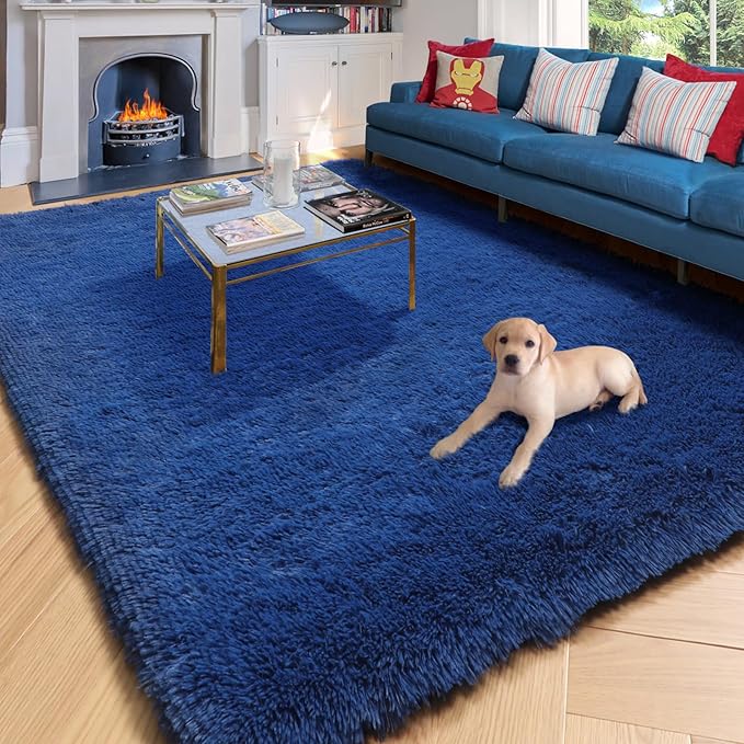 Amdrebio Navy Blue Area Rugs for Boys Bedroom, 5x8 Shag Fluffy Furry Plush Rug for Kids Room, Living Room Decor Aesthetic, Cool Royal Dark Blue Carpet for Baby Nursery Classroom Office Dorm Playroom