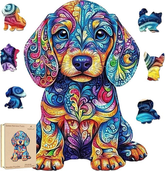 Golden Retriever Puppy Wooden Puzzles for Adults,500 Pieces Unique Shaped Liberty Wooden Jigsaw Puzzles,Best Gifts for Puzzle Lovers and Famliy Games,19.3x14.47Inches