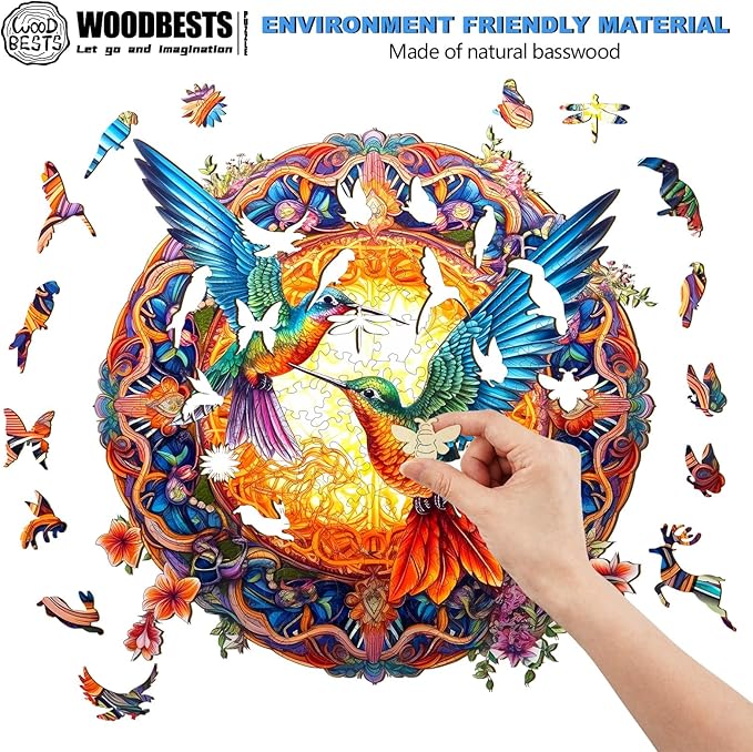WOODBESTS Wooden Jigsaw Puzzle for Adults, Mandala Hummingbird Puzzle (L, 300pcs, 13.8"x13.8") Beautiful Wooden Box, Puzzle Wood Unique Shape, Birthday Gifts for Adults and Kids Family Game