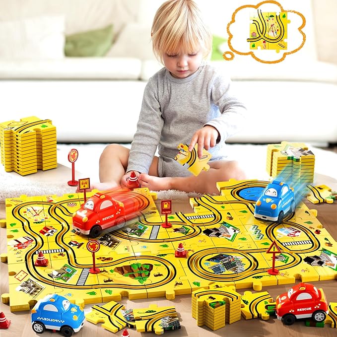 48 PCS Puzzle City Racer Car Track Set Toys for Kids Boys, Toys Gifts for 3 4 5 Year Old Boys, Puzzle Racer Kids Car Track Set Ages 3-5 4-6, Ideal 3 4 5 Year Old Boys Birthday Gifts