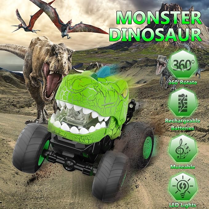 Monster RC Car - Dinosaur 360° Rotating Stunt Car with Spray, Lights & Sound, 2.4GHz All Terrain Truck, Remote Control Toys for Age 4-7, Gifts for Kids 3-12