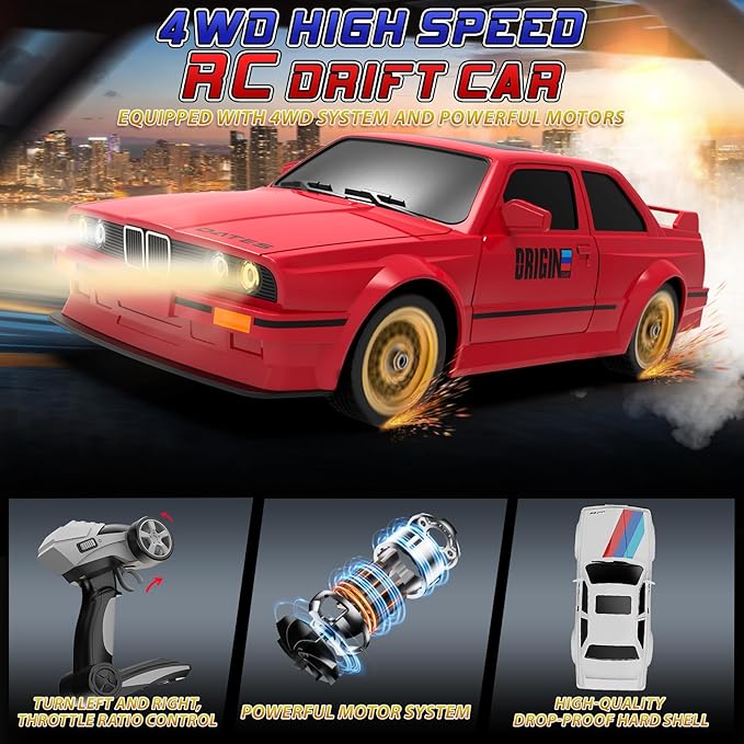 Remote Control Cars 1:16 Scale RC Drift Car 2.4Ghz 30KM/H High Speed 4WD RTR Racing Car with Drift Tires LED Lights 2PCS Rechargeable Batteries RC Sport Cars Toys for Adults Boys Girls Kids Gift