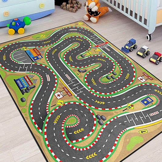 Kids Rug, Race Track Playmat Rugs - 5x7 Ft Kids Carpet with Rubber Backing, Start and Finish line Racing Track Marking Car or Karting Road Race 3D Play Mat Nursery Rugs for Children Bedroom Playroom