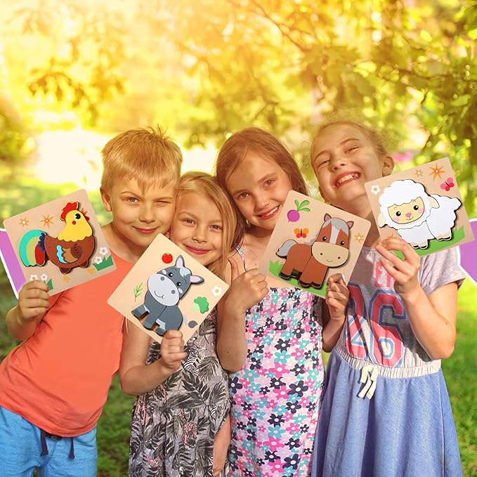 Capoda 12 Pack Farm Animal Wooden Puzzles Wood Farm Jigsaw for Toddlers Featuring Cow, Sheep, Pig and More Montessori Preschool Learning Games for Boys Girls Classroom Exchange Gifts Party Favors