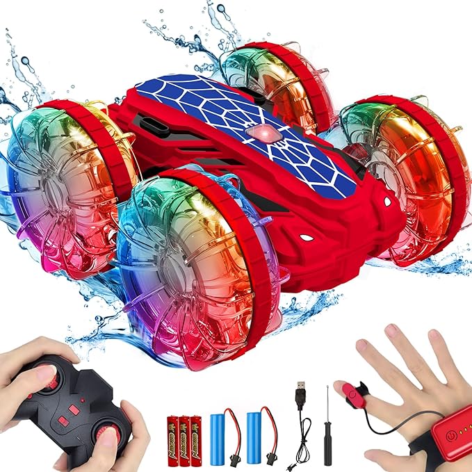 Spider Amphibious Remote Control Car Boat, 4WD Waterproof 2.4 GHz Pool Toys for Ages 6 7 8 9 10 11 12, 360° Gesture Sensing RC Stunt Car with LED Lights, Boys Girls Gifts All Terrain Water Toy