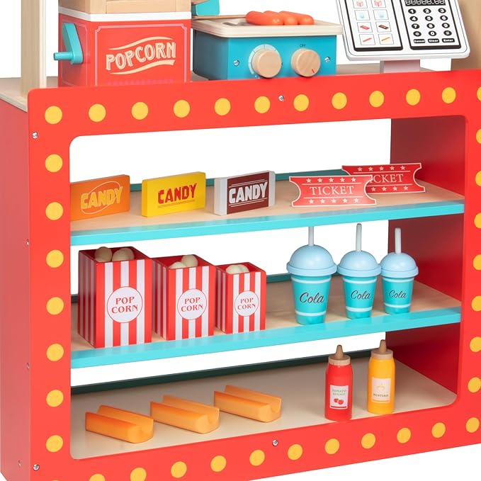 Movie Theatre Snack Bar Wooden Playset - Pretend Concession Stand Fun- Full Set w Popcorn Machine Hot Dogs Candy Bars Sodas Cash Register Credit Card- Kids Play Food Activity Center for Daycare & More