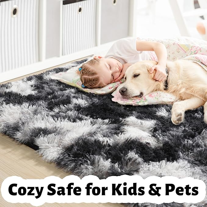 Amdrebio Black White Grey Cool Area Rugs for Bedroom Living Room, Fluffy Modern Furry Rugs for Kids Room Decor, Plush Shaggy Throw Rug 4x6 for Men Teen Boy, Aesthetic Floor Carpet for Dorm Home Office