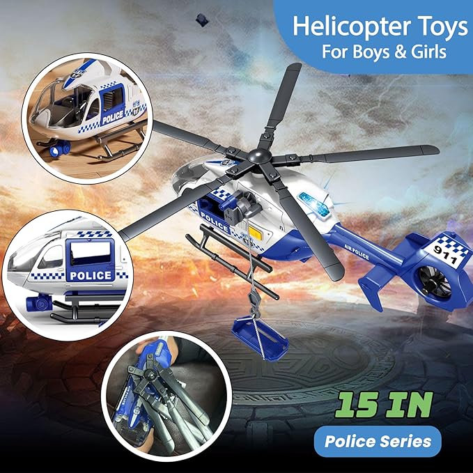 Wenbeier Police Helicopter Toys for Boys with Hanging Basket Toy Airplane Army Toys with Lights and Sound Rescue Vehicles Toys for Kids Aged 3 4 5 6 7