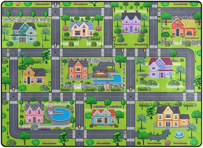 Kids Rug, Village Road Playmat Rugs - 5x7 Ft Kids Carpet with Rubber Backing, Cartoon American Style Village Theme House & Road Play Mat Nursery Rugs for Children Bedroom Playroom