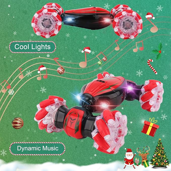 Gesture Sensing RC Stunt Car - Christmas Red, Best Birthday Gifts for Kids 6-12, Hand Remote Control Double Side Twist Cars Toys with Light Music, 4 WD Drift Off Road for Rotation