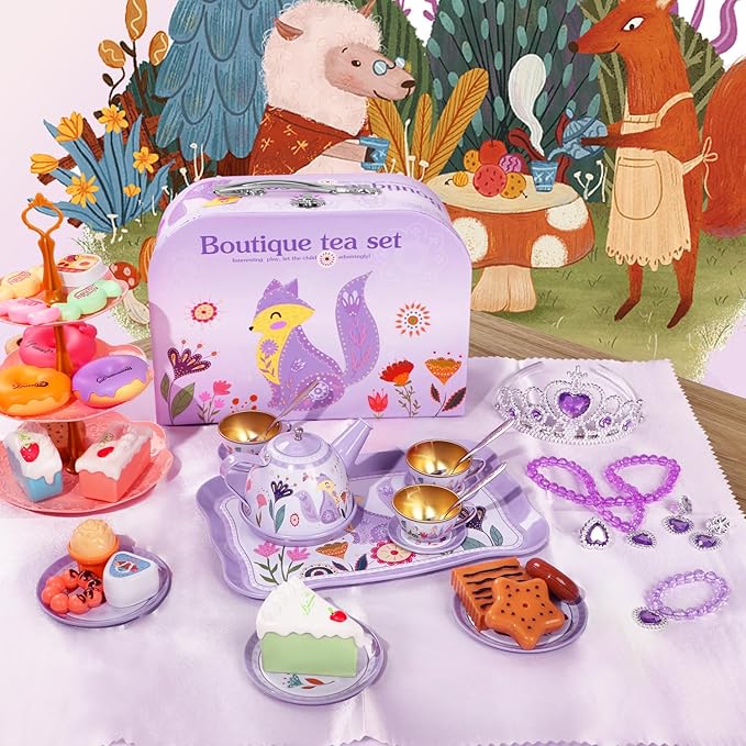 Tea Party Set for Little Girls, 49PCS Princess Tea Time Toy Including Tea Set Dessert Carrying Case, Kids Kitchen Pretend Playset, 3-8 Years Old Girls Boys Toddler Toys Birthday