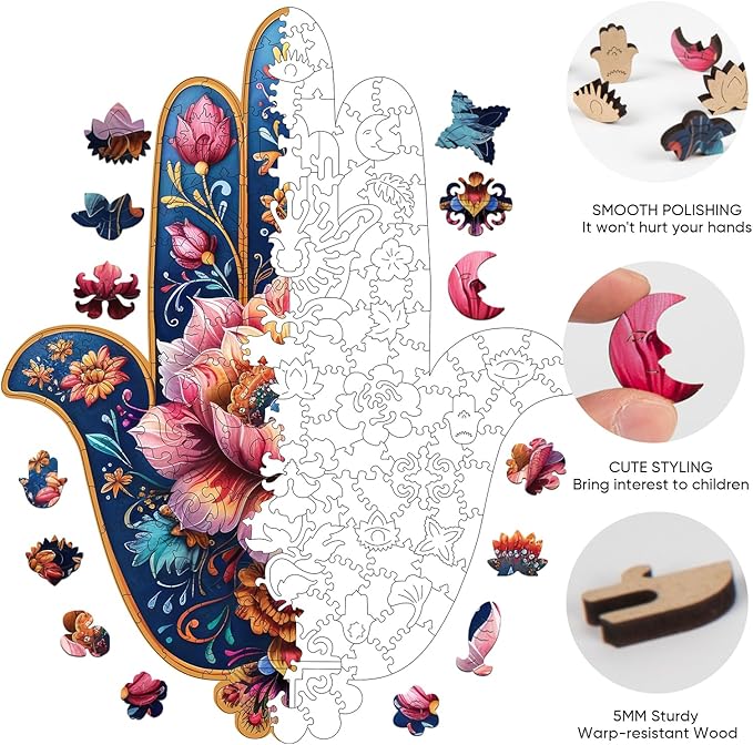 Hamsa Wooden Puzzles, 200 Pieces Hand Jigsaw Puzzles 13.3'' x10.4'', Unique Design Liberty Wooden Puzzles for Adults and Kids, Family Game Gift Medium Size