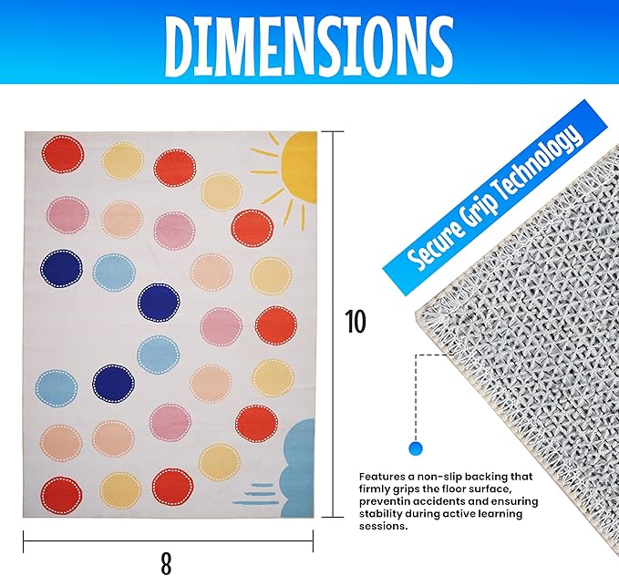 Hudson Comfort Classroom Rug 8x10 - Rugs for Elementary, Daycare, Nursery, and Playroom - Super Soft Non-Slip Carpet - Kids Fun Floor Mat for Playtime (Rainbow)