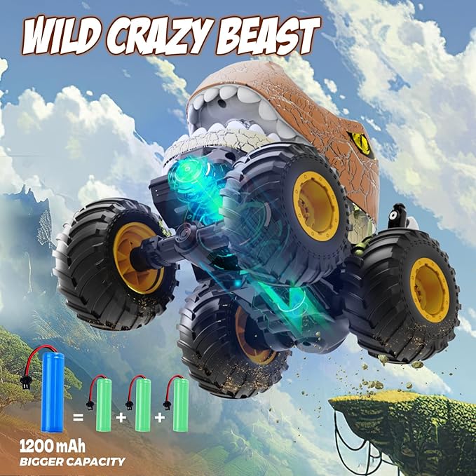 Remote Control Dinosaur Monster Truck, 2.4Ghz RC Stunt Cars for Kids 3-5 with Spray/Lights/Music, Outdoor Toys Dinosaurs Car for 4 6 7 8 Years Old Boys & Girls Christmas Birthday Gifts Ideas