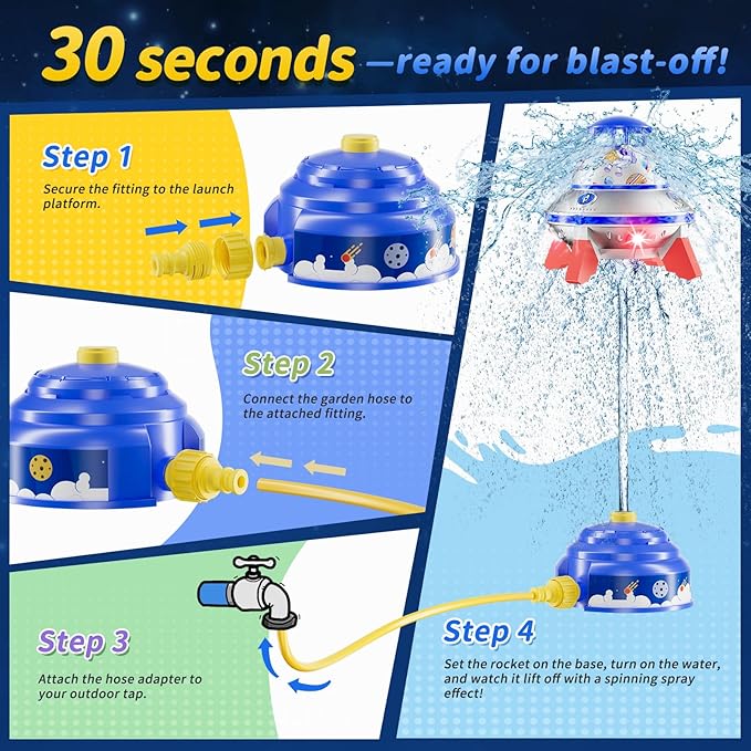 UFO Water Sprinkler for Kids, Water Rocket Toy Outdoor Summer Play W/Light & Spin, Adjustable Height Water Launcher, DIY Space Sticker, Backyard Lawn Gift for Girls Boys 3-12 Year Old Blue