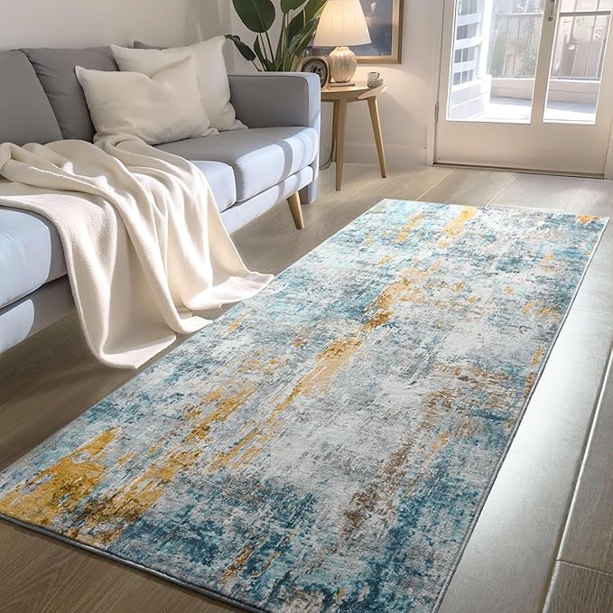 Runner Rug for Kitchen Hallways Runner Rug Non Slip 2'6''x8' Washable Blue Long Runner Rugs with Rubber Backing Soft Abstract Carpet Runner for Entryway, Kitchen, Bedroom, Bathroom