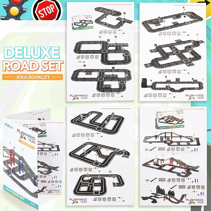 Playmags Magnetic Tiles Road Set - 50 Pcs STEM Educational Construction Toy Car Track, Building Blocks Magnet Toys for Toddlers, Safe for Ages 3+