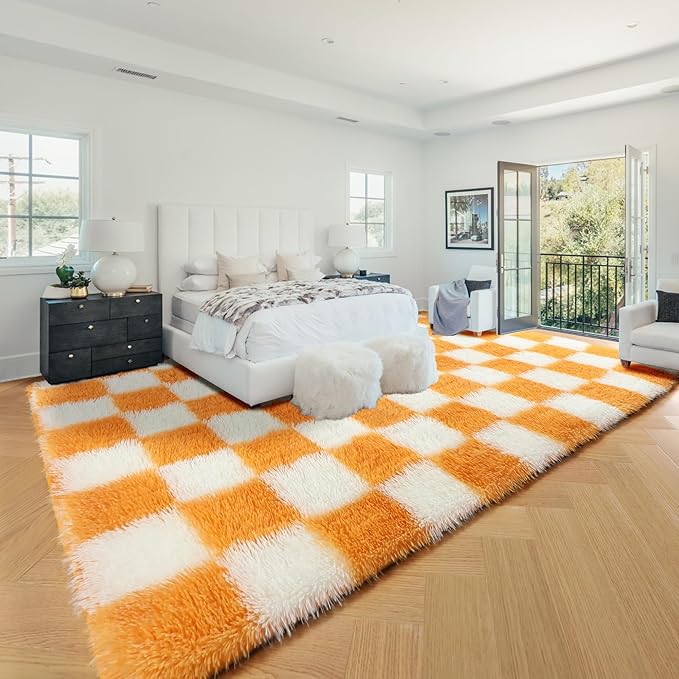 KICMOR 8x10 Area Rugs for Living Room, Large Fluffy Fuzzy Orange and Cream White Checkered Shag Rug Soft Plush Big Bedroom Carpet, Shaggy Floor Rugs for Kids Boys Girls Dorm Nursery Home Room Decor