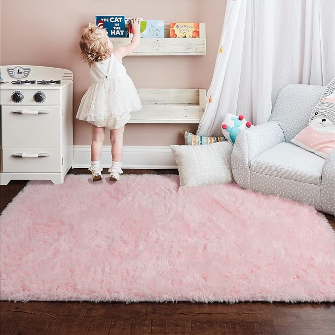 Pink Area Rugs for Bedroom Girls, Living Room Decor, Fluffy Fuzzy Shag Rug 4x6 for Kids Room, Soft Cute Indoor Floor Carpet for Baby, Teen, Nursery, Preppy Dorm, Playroom, Plush Aesthetic Bedside Rug